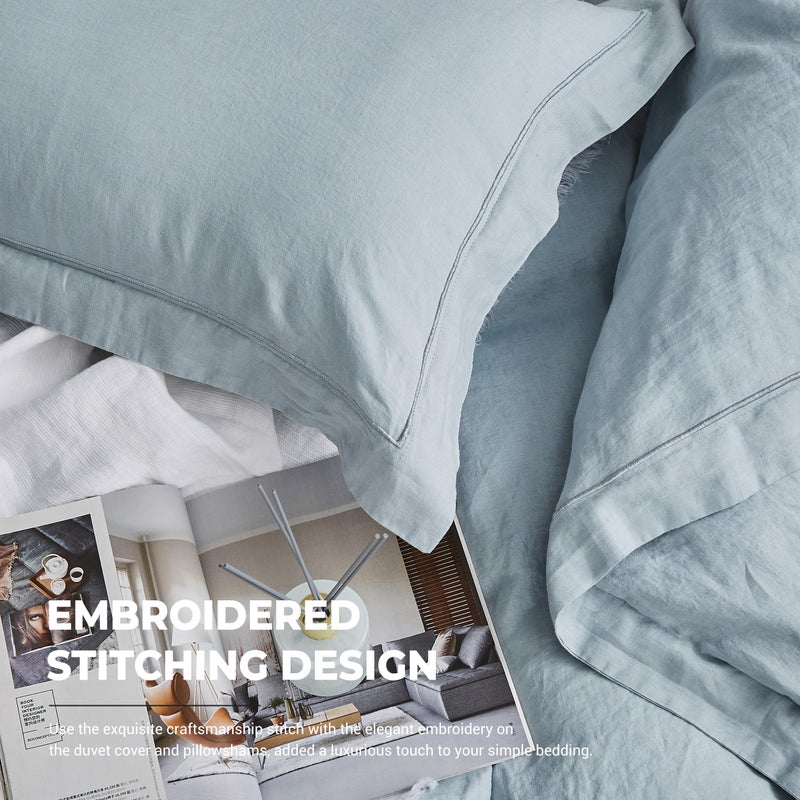 Simple&Opulence 100% Washed Linen Duvet Cover Set with Embroidered,3 Pieces Soft Farmhouse Comforter Set with Button Closure,1 Duvet Cover and 2 Pillowshams(King,Dusty Blue) - Image 3